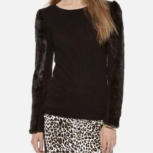 Club Monaco Black Irina Faux Fur Sleeve Ribbed Sweater with Wool & Cashmere, M
